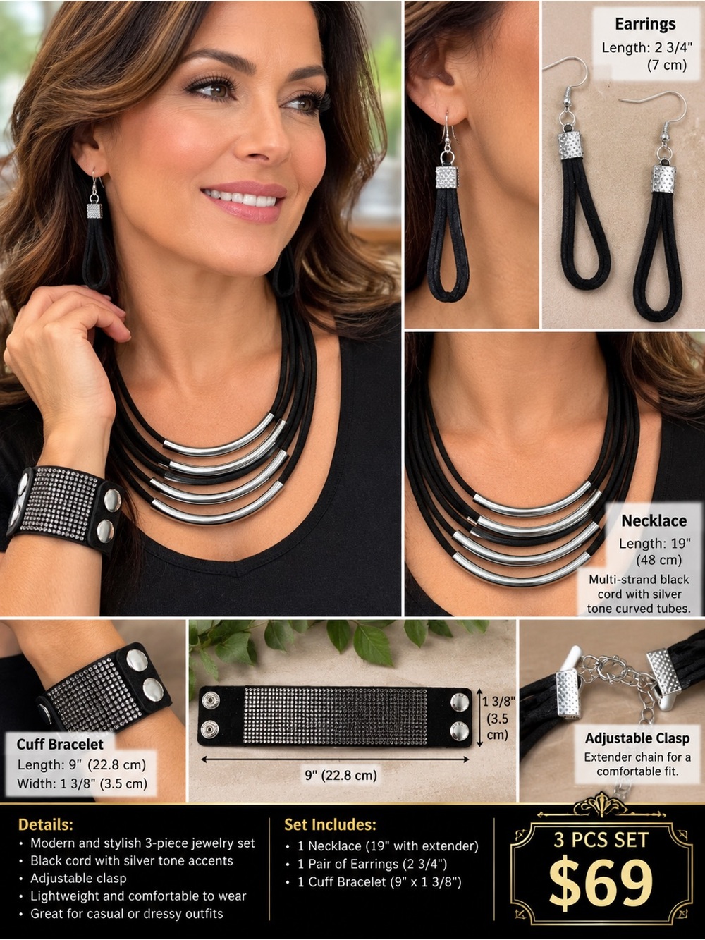 Black Multi-Strand Cord Necklace & Earrings Set with Silver Accents